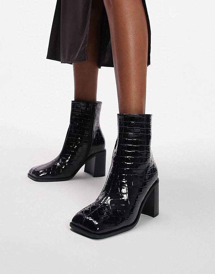 Topshop Wide Fit Mae block heel ankle boot in black weave